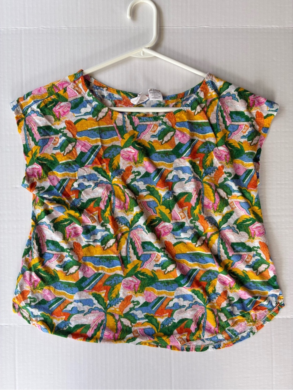 C&C California Women’s Short Sleeve Linen Blouse Size XL Abstract Palm Trees